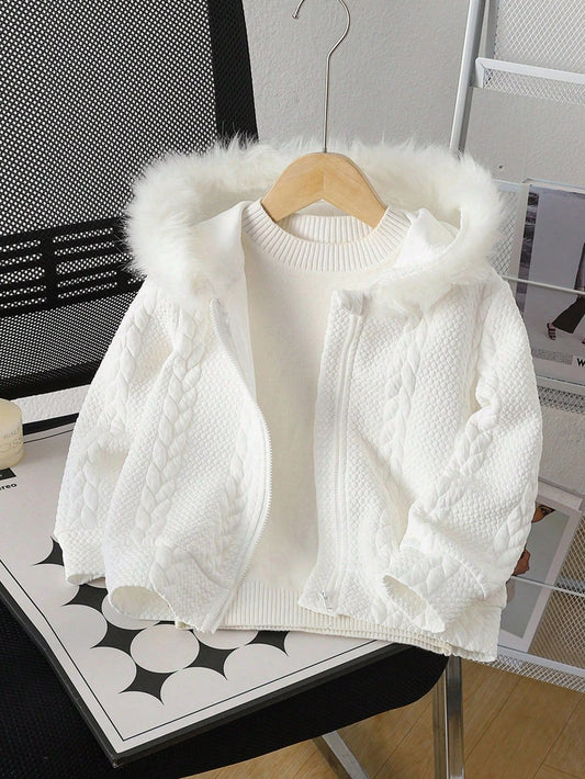 Young Girls Fuzzy Trim Hooded Thermal Lined Coat korean outfits ( UNIQUE PIECE )